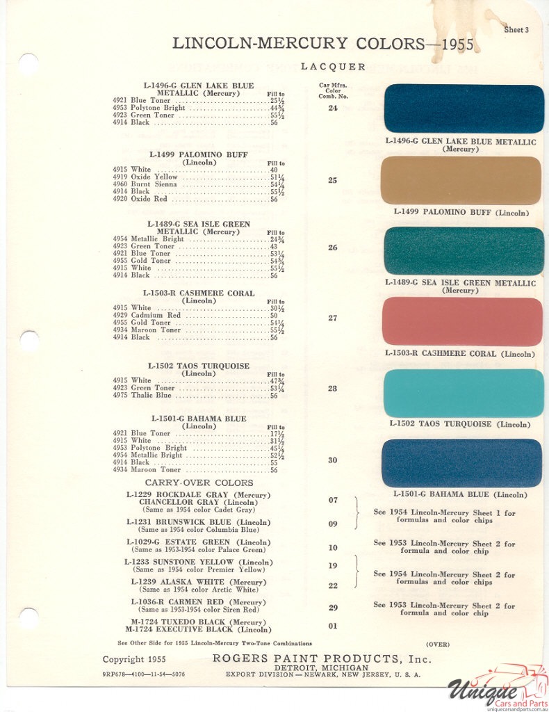 1955 Ford Paint Charts Lincoln And Mercury Paint Charts Rogers Pant 3